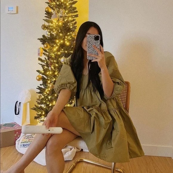 Wilfred Olive Green Oversized Fantasy Tiered Mini Puff Sleeve Ruffle Dress - Picture 4 of 12